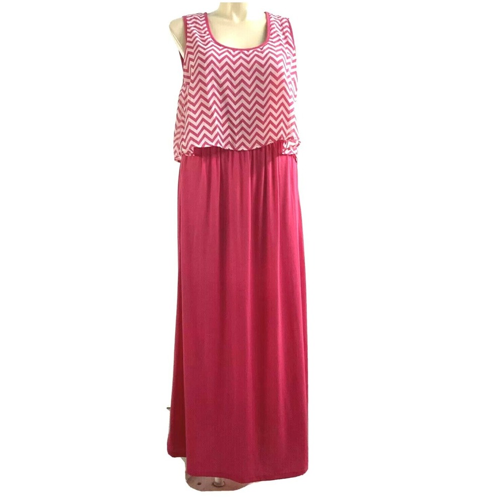 Love DELIRIOUS Maxi Dress 3X‎ Hot Pink White Chevron Stripe Long Tier Sleeveless